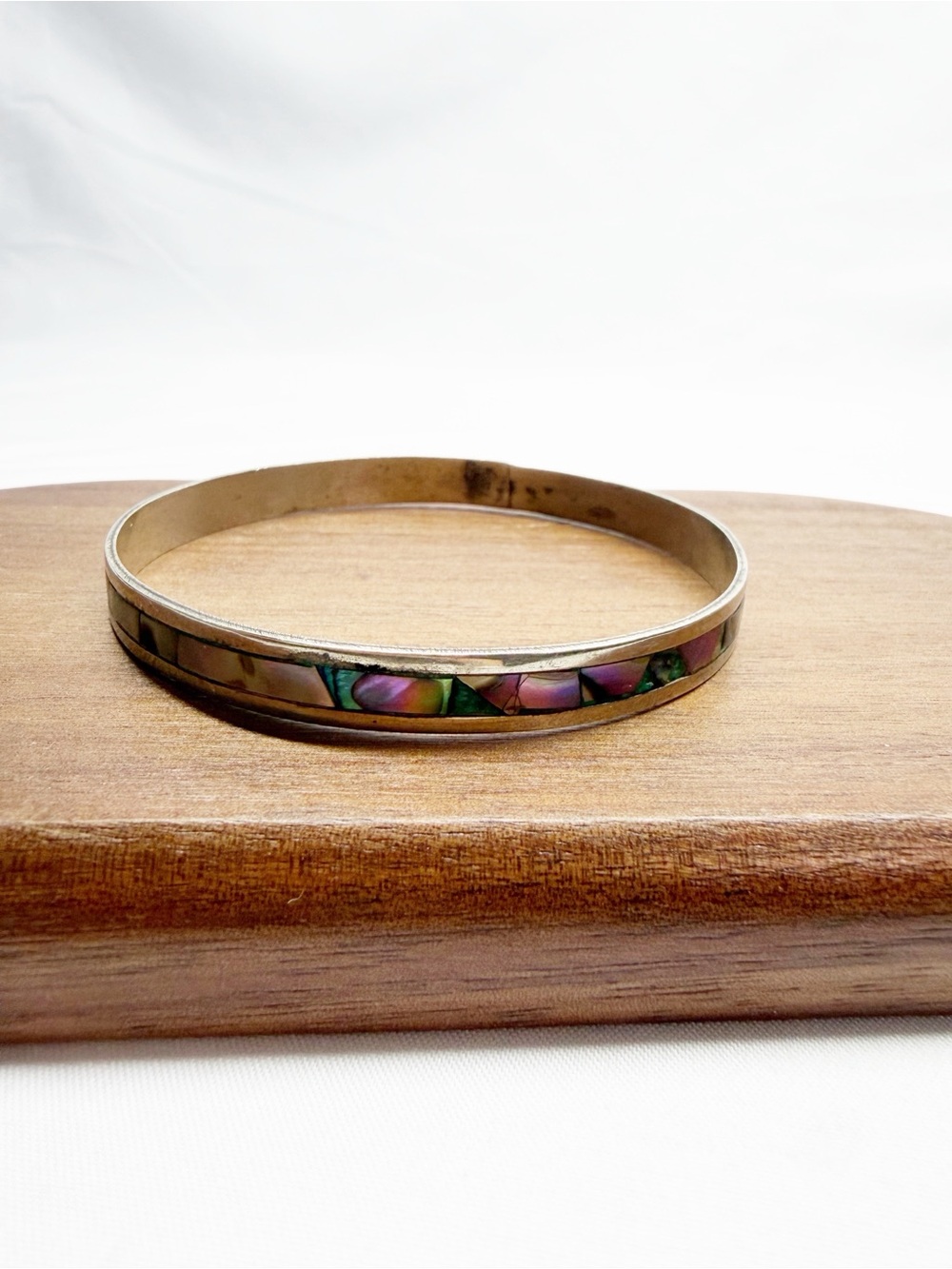 Vintage Abalone Inlay Silver Tone Bangle Bracelet Alpaca Mexico